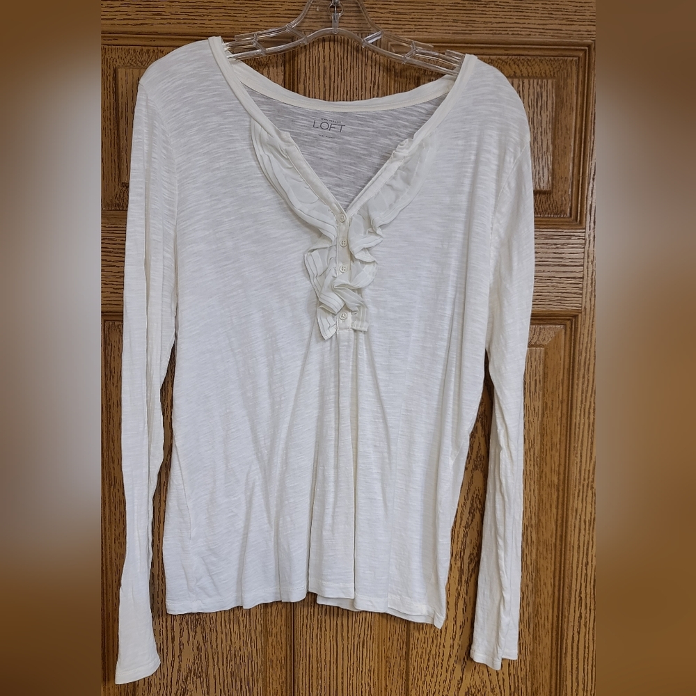 LOFT Long Sleeve White Top with Ruffles